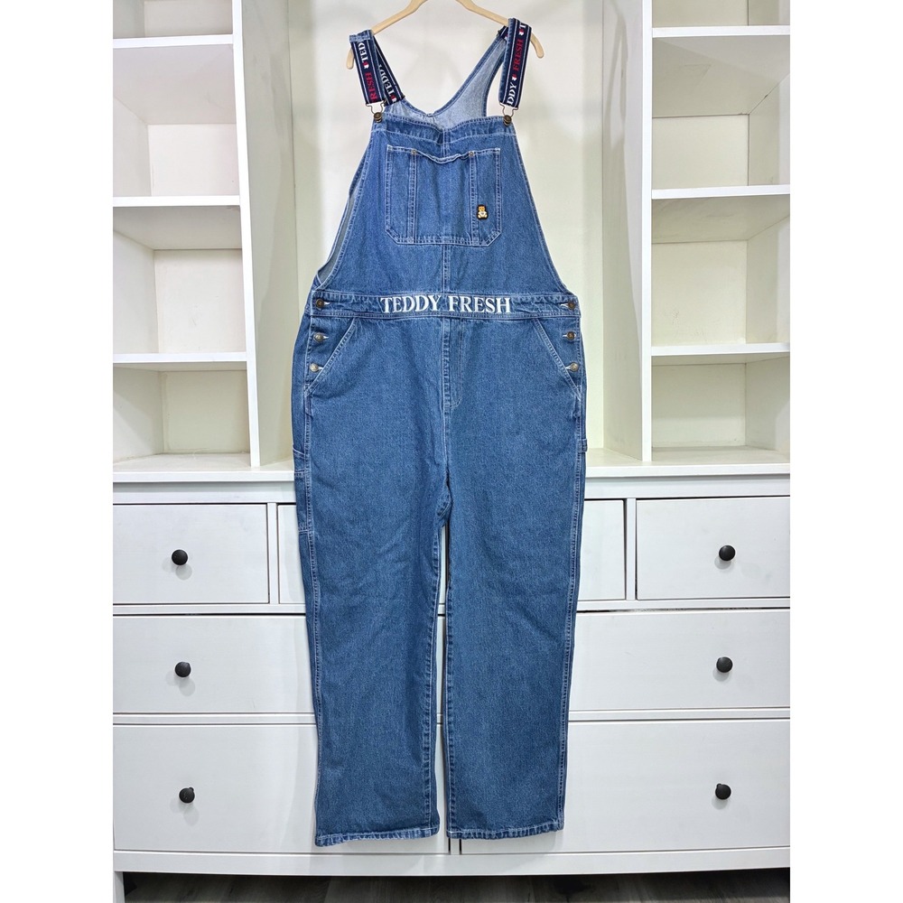 Teddy Fresh Mens 2XL Blue Denim Overalls Logo Embroidered Carpenter Dungarees